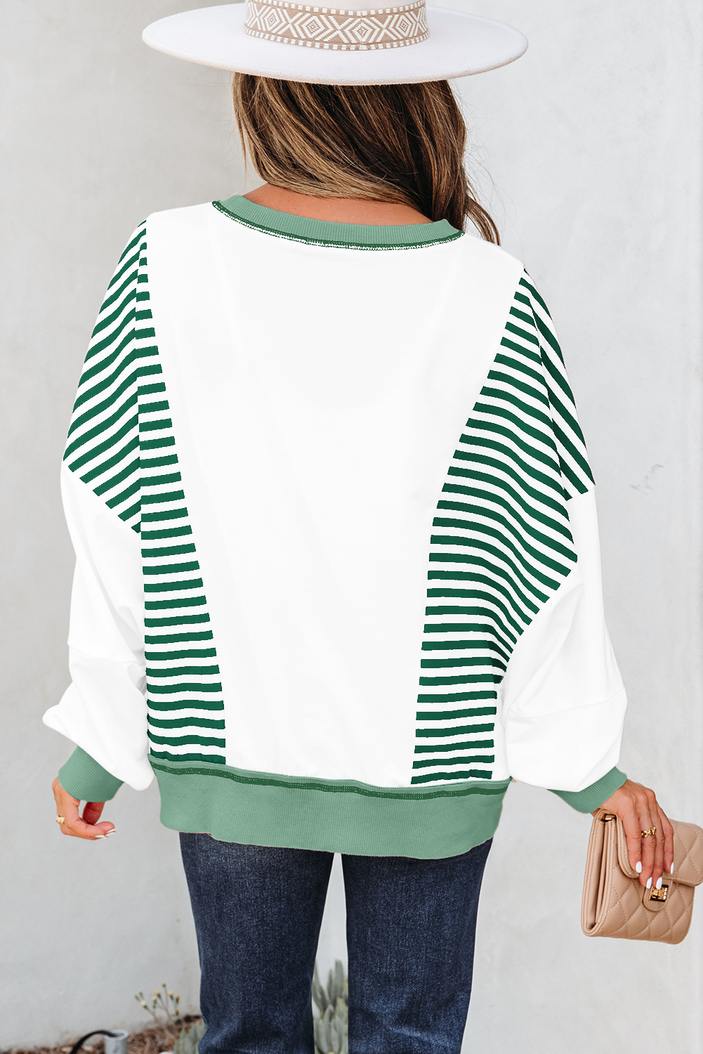 Green Stripe Colorblock Patchwork Contrast Stitching Oversize Sweatshirt - Image 2