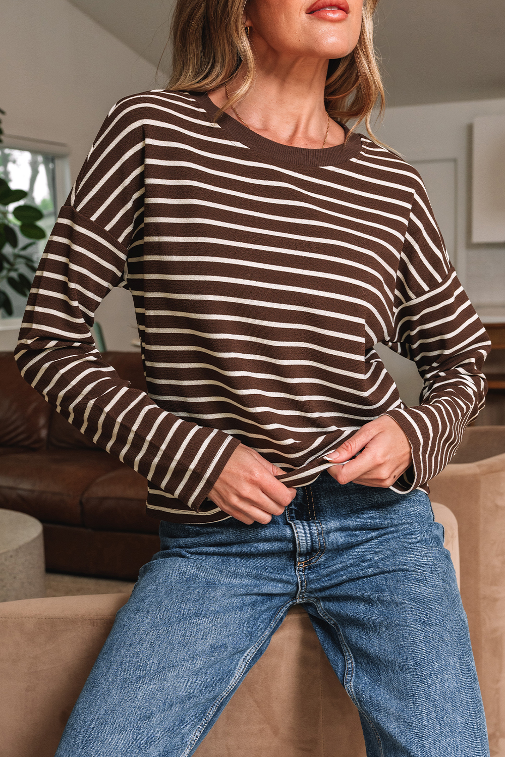 Brown Stripe Ribbed Cropped Crew Neck Long Sleeve T Shirt - Image 7