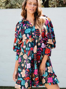 Green Floral Print Puff Sleeve Ruffled Mini Dress