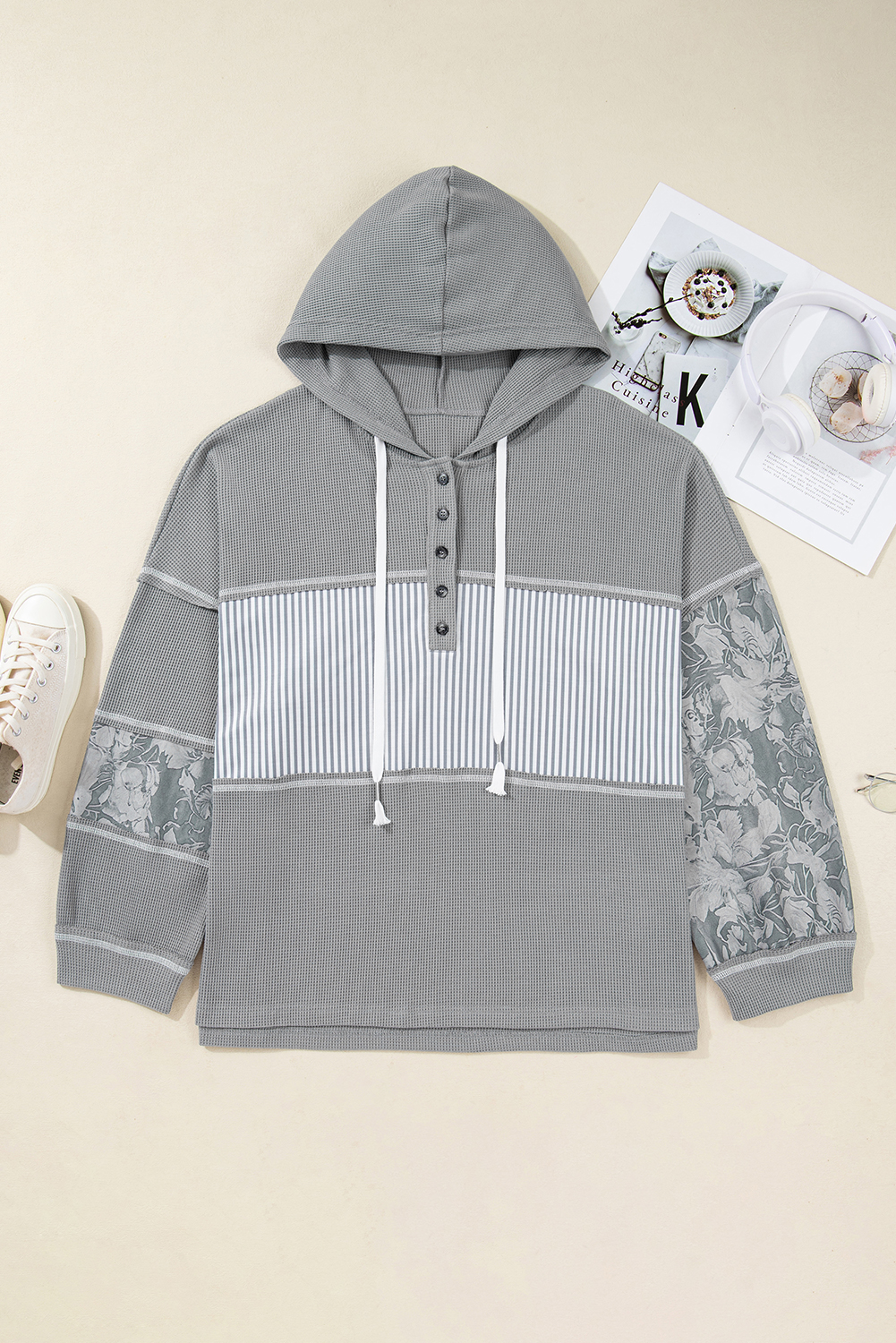 Gray Mixed Pattern Waffle Knit Patchwork Half Buttons Plus Hooded Top - Image 8
