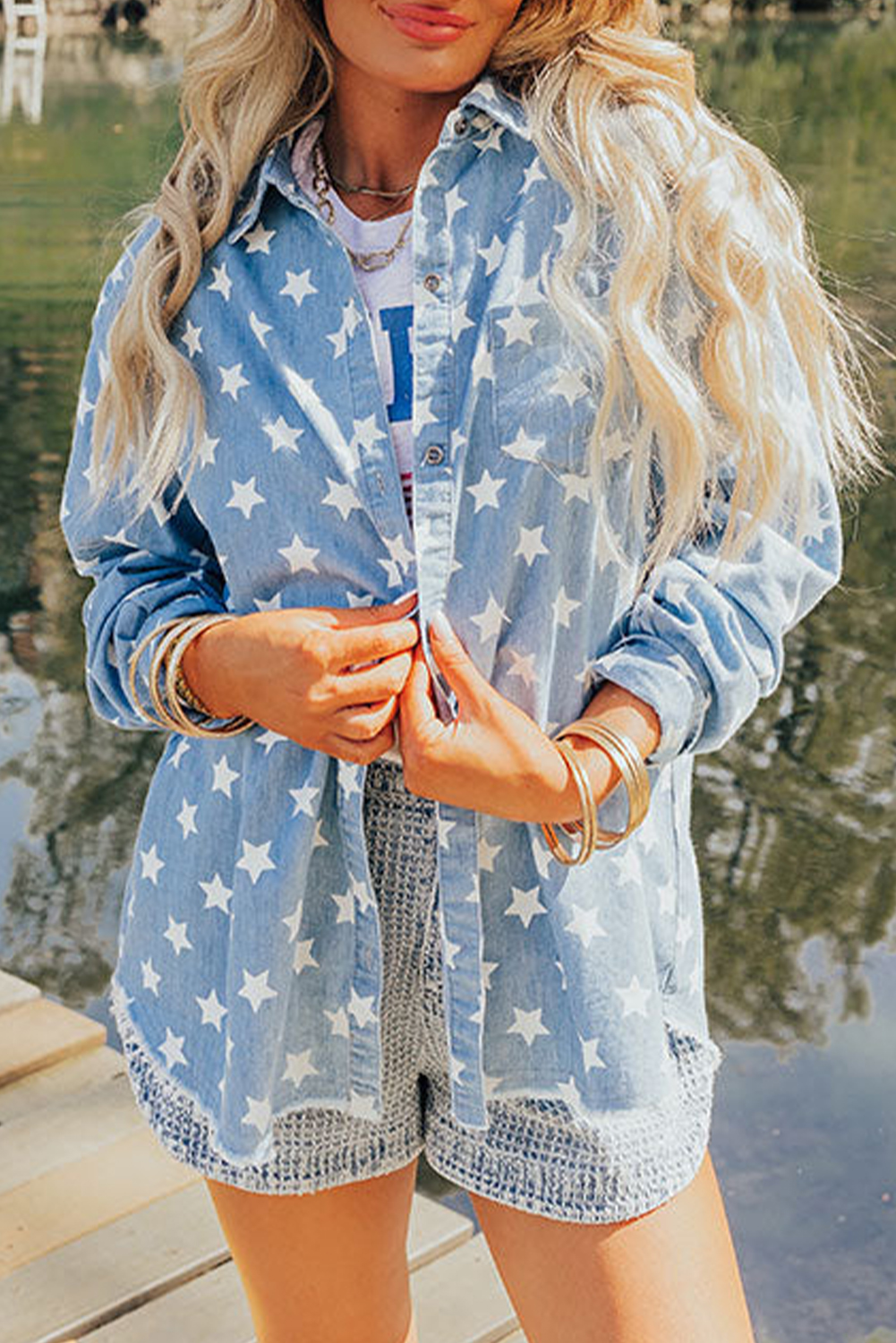 Sky Blue Star Print Light Wash Raw Hem Denim Jacket - Image 8