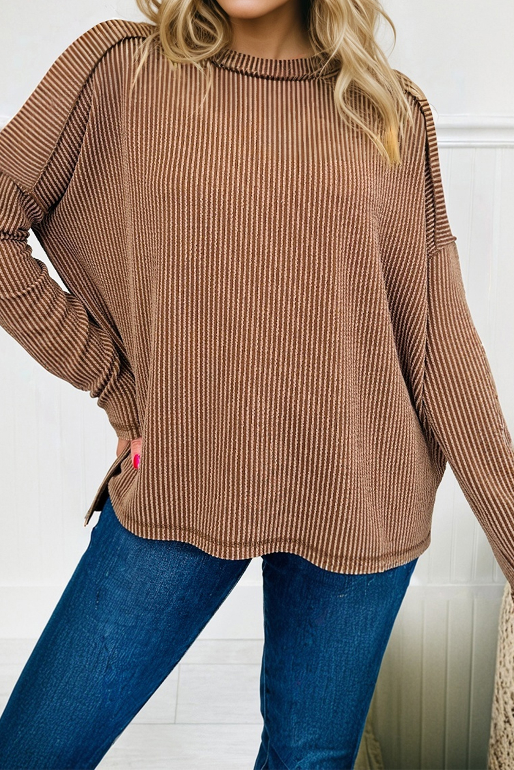 Dark Khaki Twist Ribbed Exposed Seam Detail Long Sleeve Loose Top - Image 2