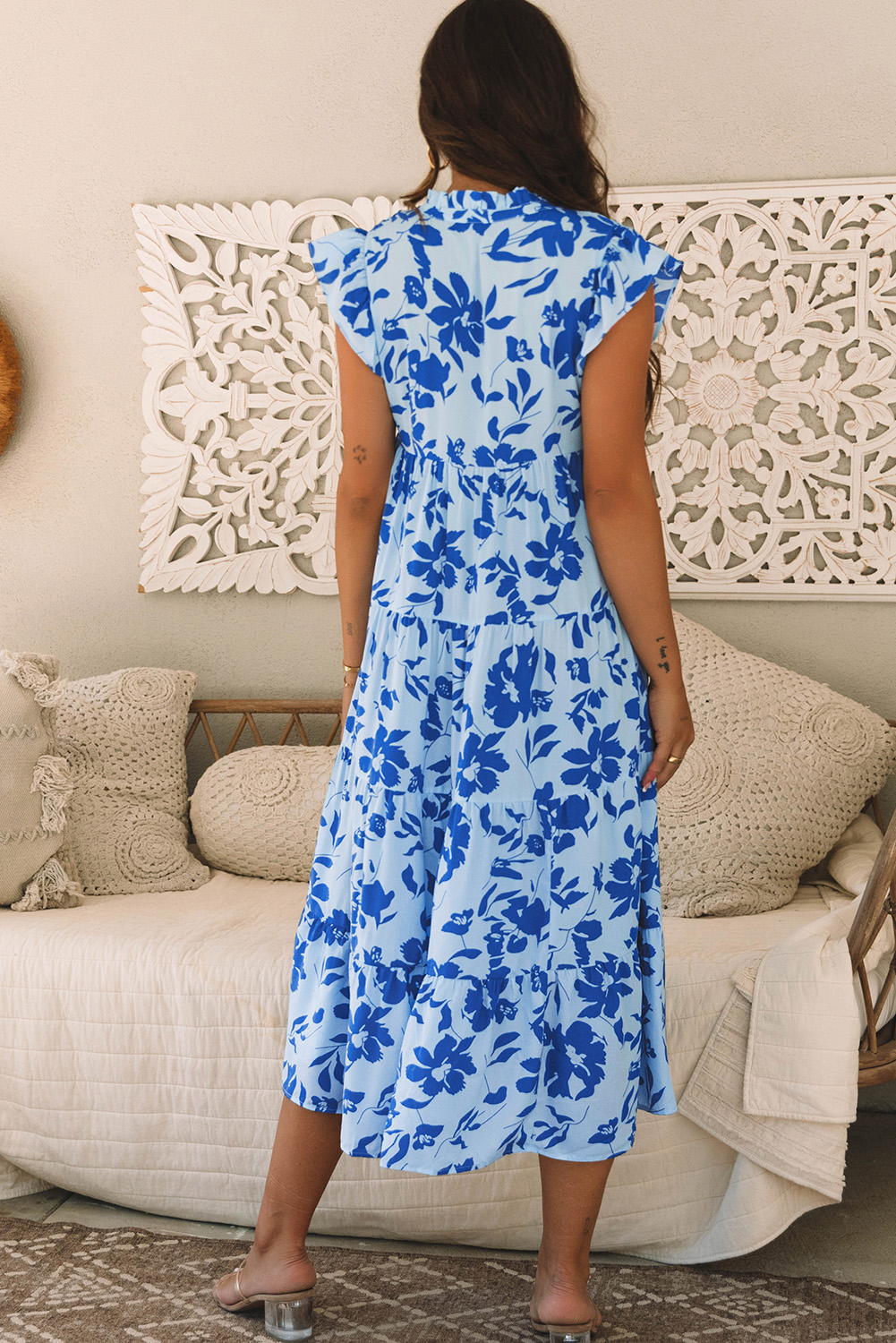 Sky Blue Floral Print Tiered Frilled Trim Flutter Sleeve Maxi Dress - Image 2