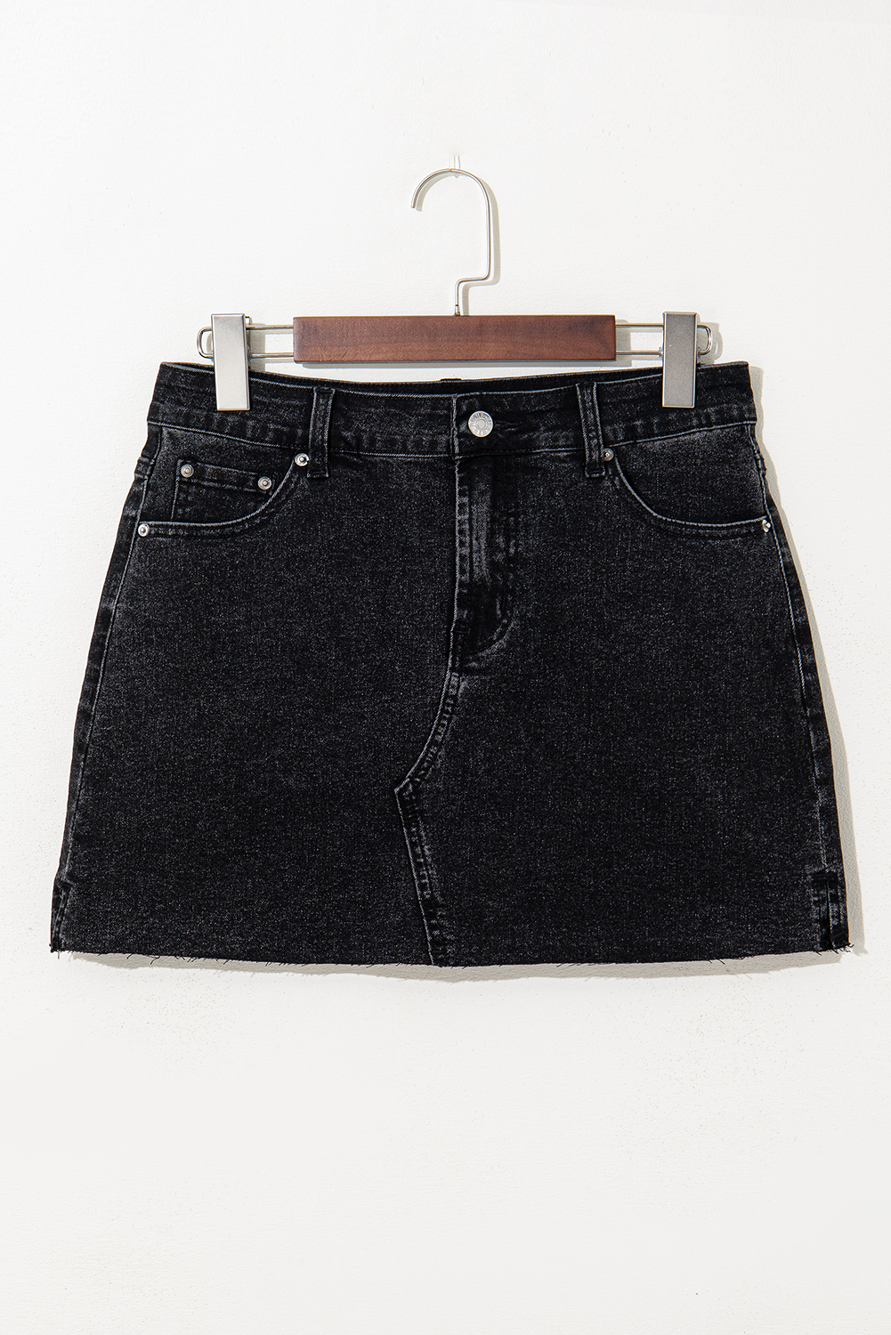 Carbon Grey Mineral Wash Ripped Raw Hem Denim Mini Skirt - Image 5