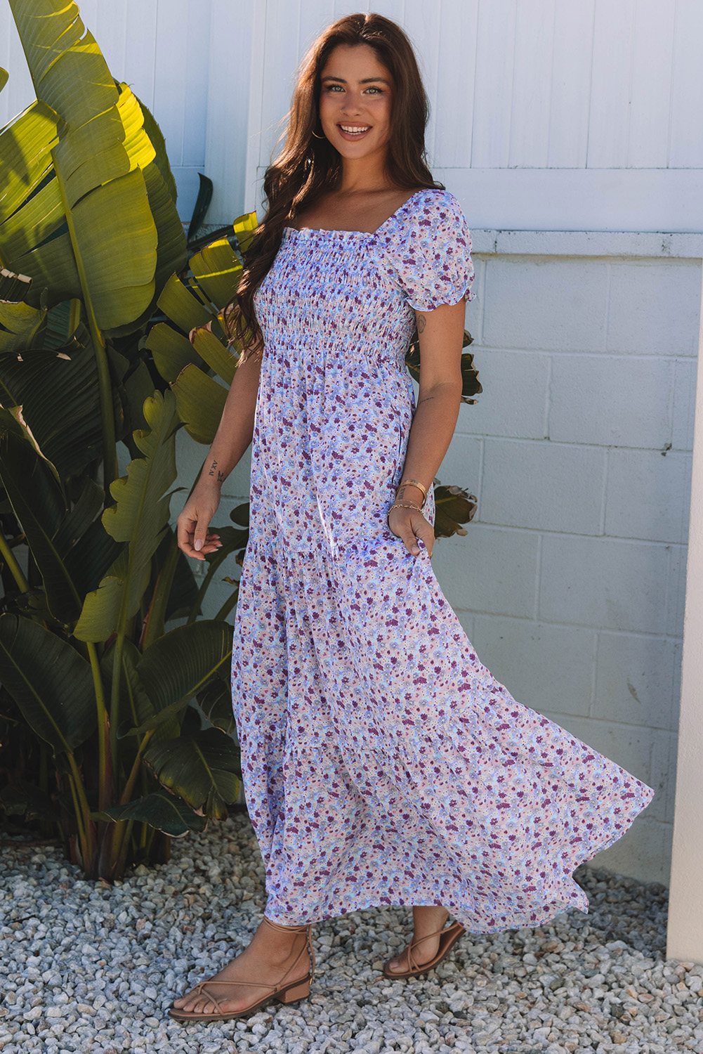 Purple Floral Short Bubble Sleeve Shirred High Waist Maxi Dress - Image 3