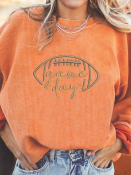 Orange Rugby Game Day Embroidered Corduroy Sweatshirt