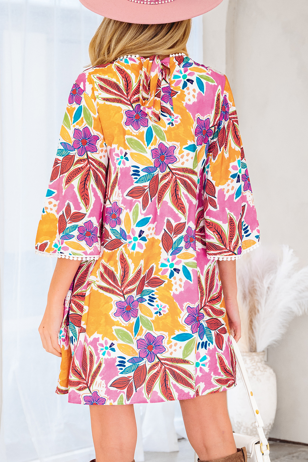 Pink Floral Print Lace Trimmed Tie Back Bell Sleeve Swing Mini Dress - Image 2