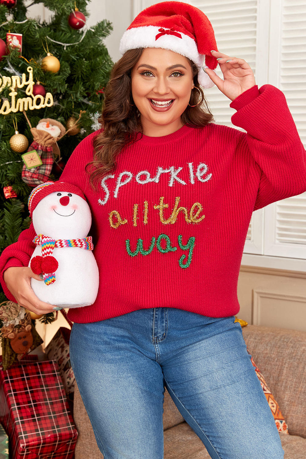 Racing Red Sparkle All The Way Tinsel Crew Neck Plus Size Sweater - Image 5