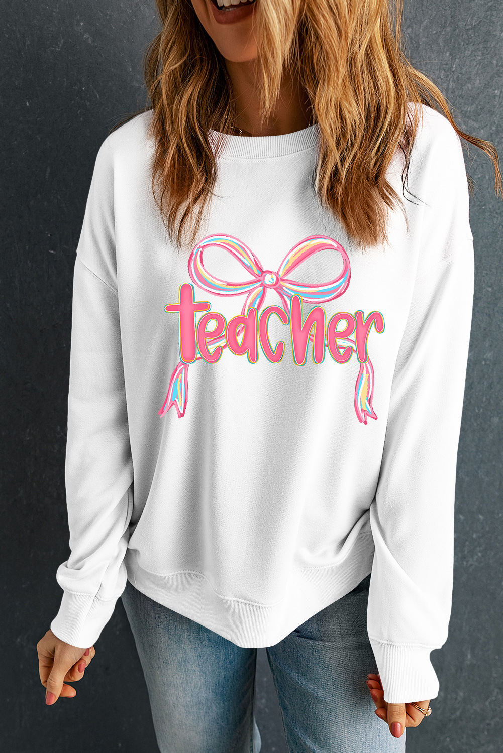 White Teacher Bow PNG Graphic Pullover Sweatshirt - Image 5