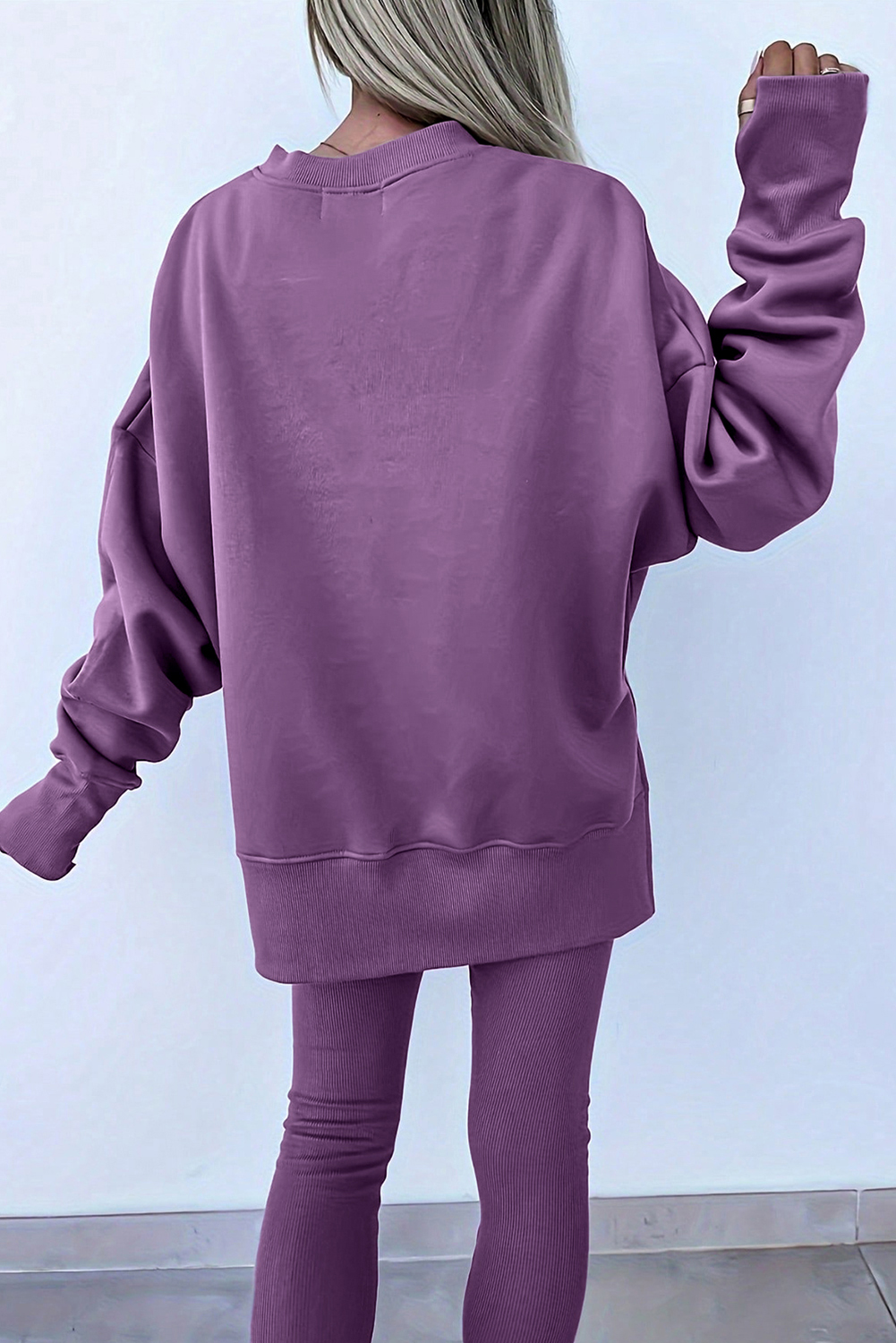 Orchid Mist Solid Color Oversize Slit Sweatshirt Ribbed Leggings 2pcs Set - Image 2