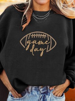 Black Rugby Game Day Embroidered Corduroy Sweatshirt