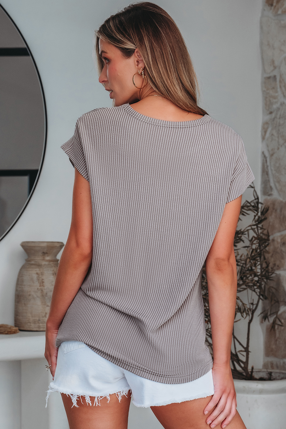 Gray Twisted Rib Wide Sleeve Crew Neck T Shirt - Image 6
