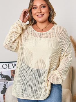 Parchment Hollow Out Knit Star Pattern Accent Plus Size Jumper