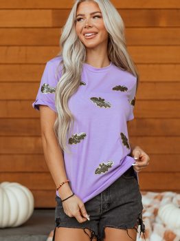 Wisteria Sequin Halloween Bat Patched Casual T Shirt