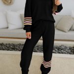 Black Striped Drop Shoulder Round Neck Pullover and Jogger Pants Active Outfit
