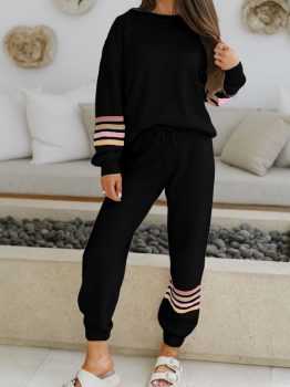 Black Striped Drop Shoulder Round Neck Pullover and Jogger Pants Active Outfit