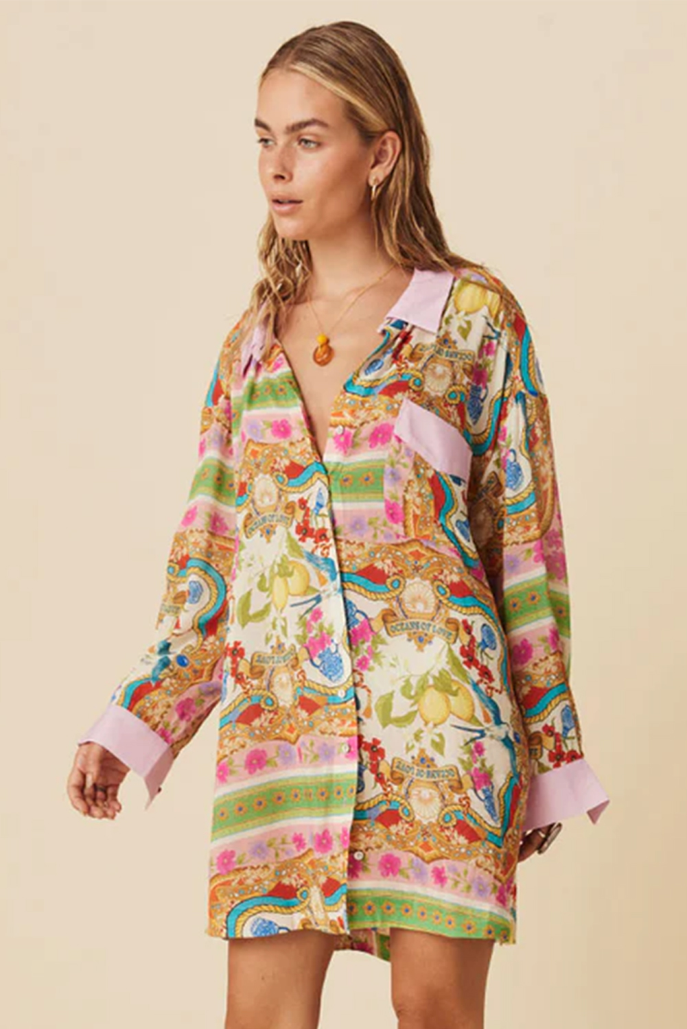 Multicolour Boho Floral Print Buttoned Long Sleeve Shirt Dress - Image 3