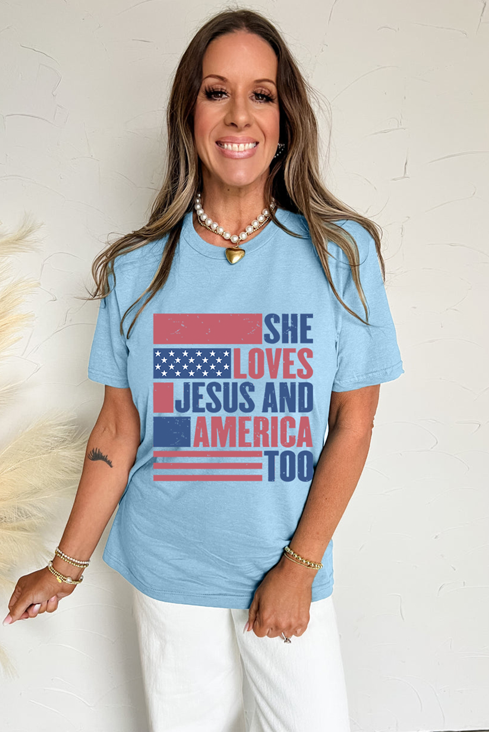 Light Blue SHE LOVES JESUS AND AMERICA TOO Flag Graphic T Shirt - Image 5