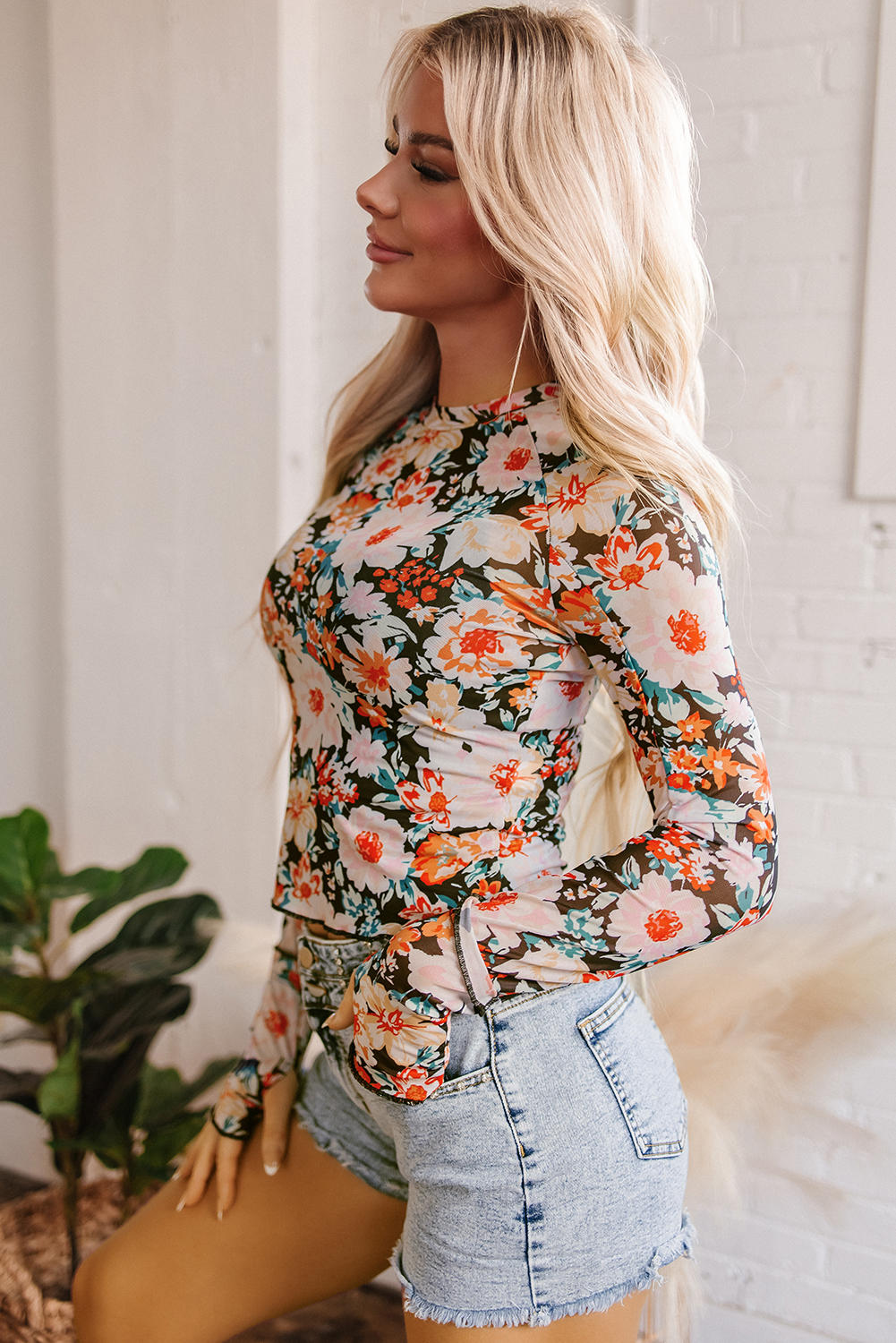 Orange Floral Mesh Slim Long Sleeve Crop Top - Image 4