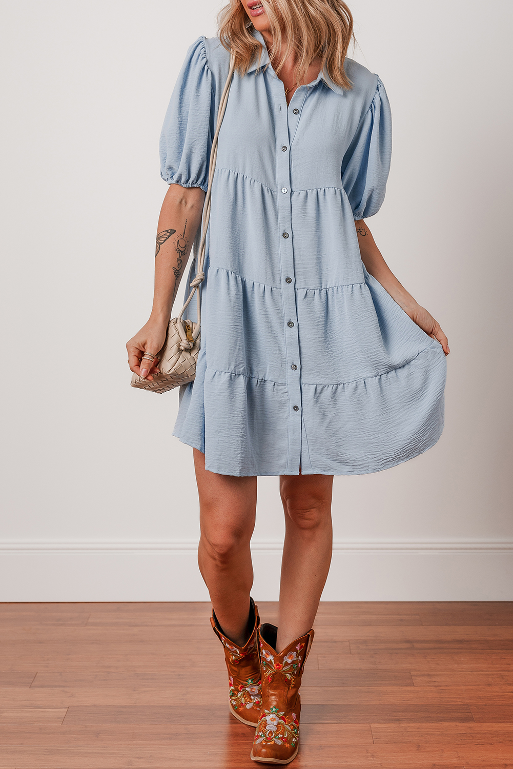 Beau Blue Shirt Collar Button Up Short Puff Sleeve Tiered Shift Dress - Image 8