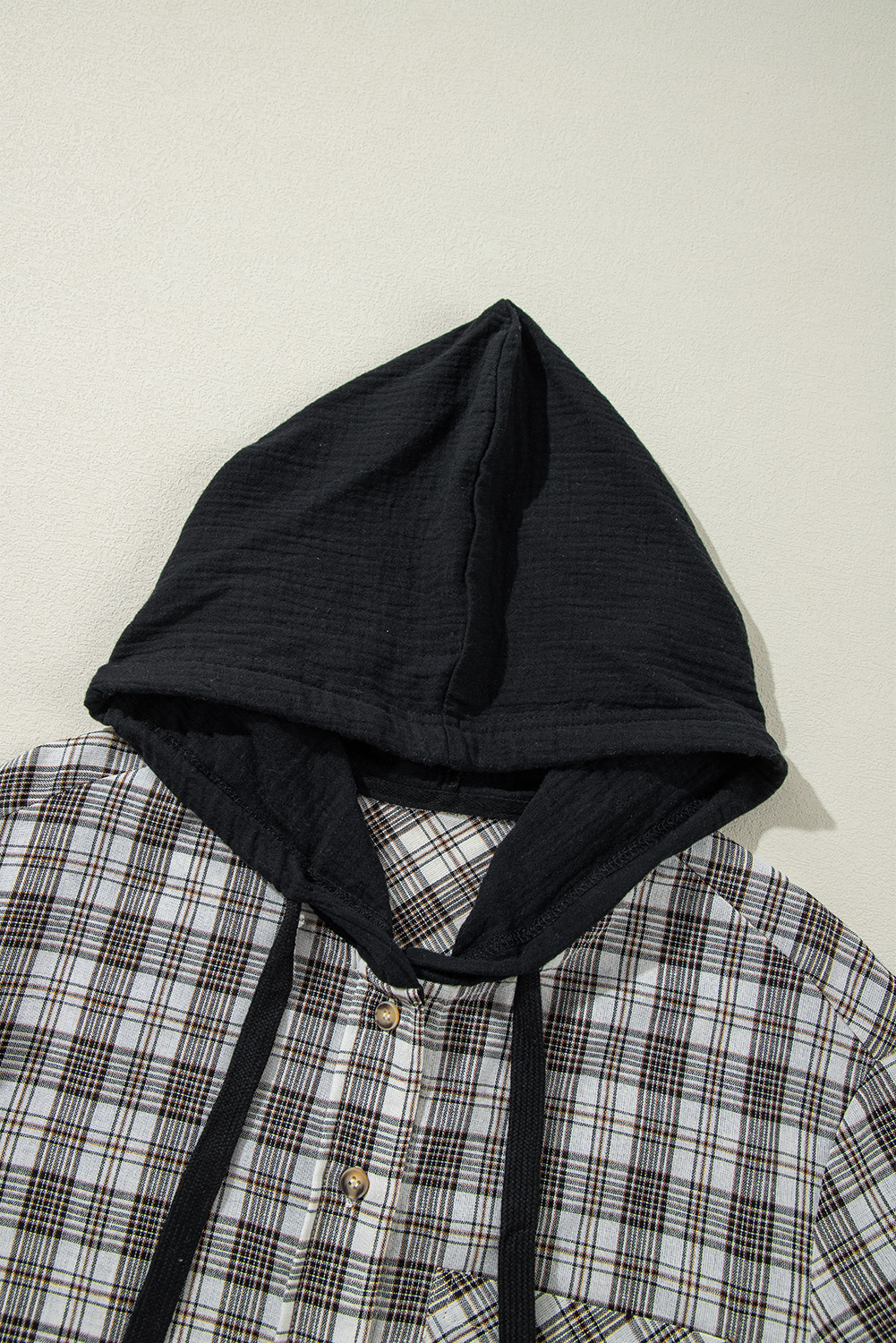 Black Checkered Print Loose Fit Buttoned Hooded Shacket - Image 8