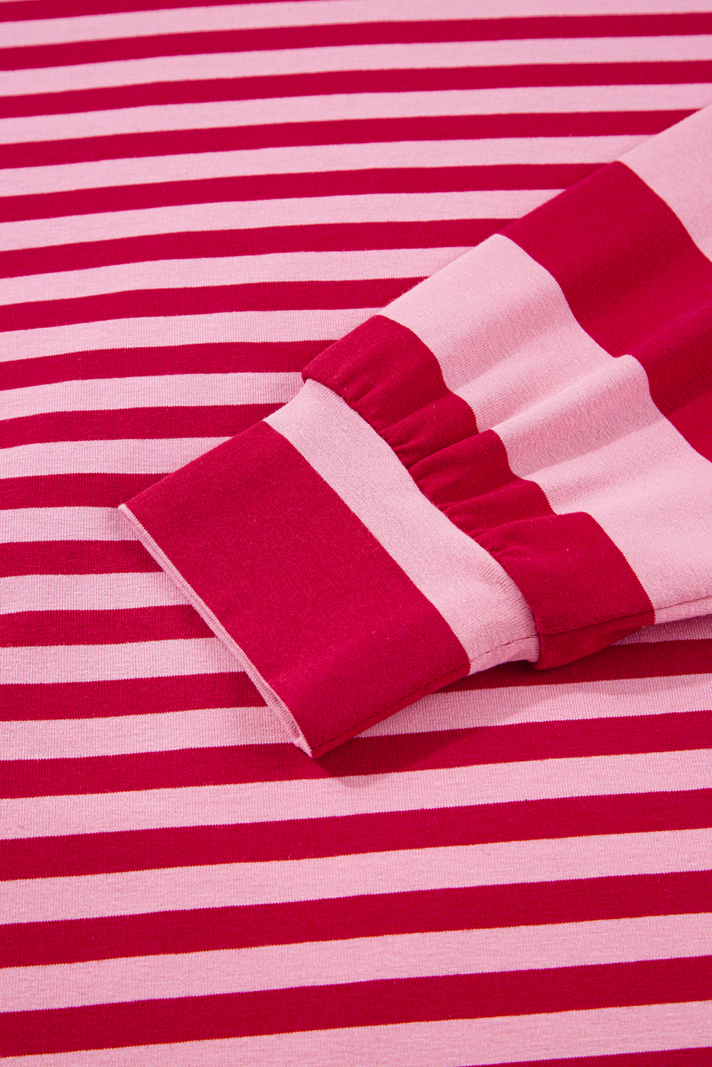 Strawberry Pink Mix Striped Drop Shoulder Patchwork Sleeve V Neck Pullover - Image 7