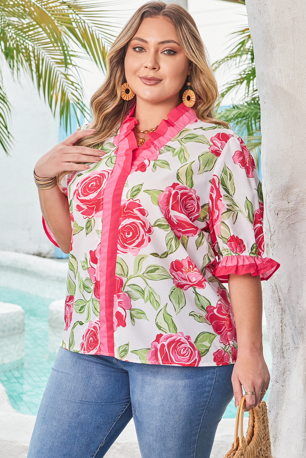 Rose Plus Size Floral Print Frilled Stripes Detail Short Sleeve Blouse - Image 3