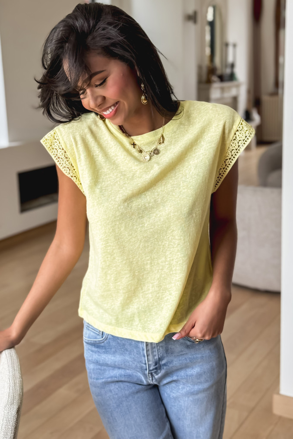 Yellow Cream Lace Patchwork Cap Sleeve Round Neck T Shirt - Image 3