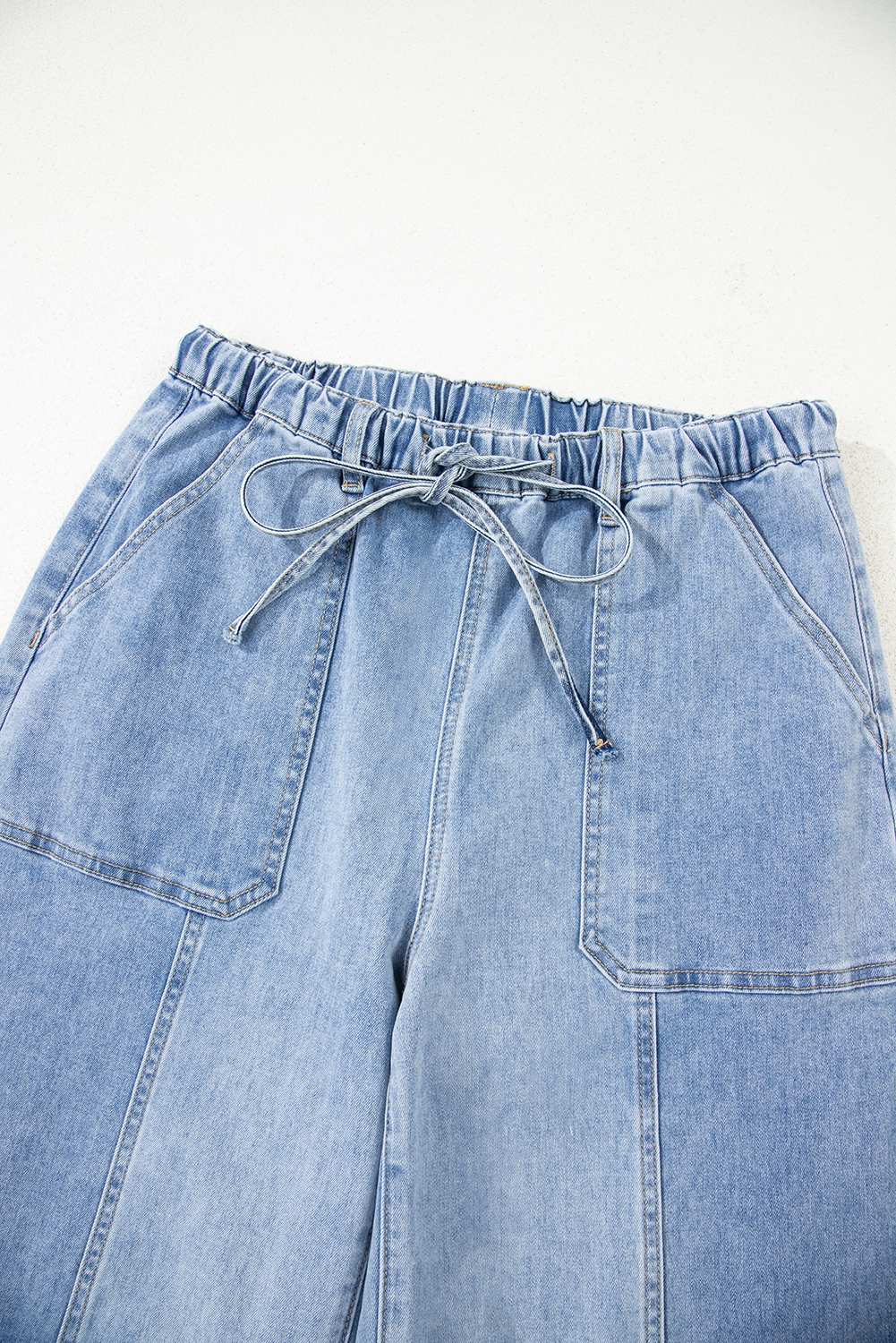 Beau Blue Drawstring Seam Detail Raw Hem Wide Leg Denim Pants - Image 4