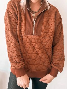 Straw Yellow Geometric Quilted Half Zipped Loose Sweatshirt