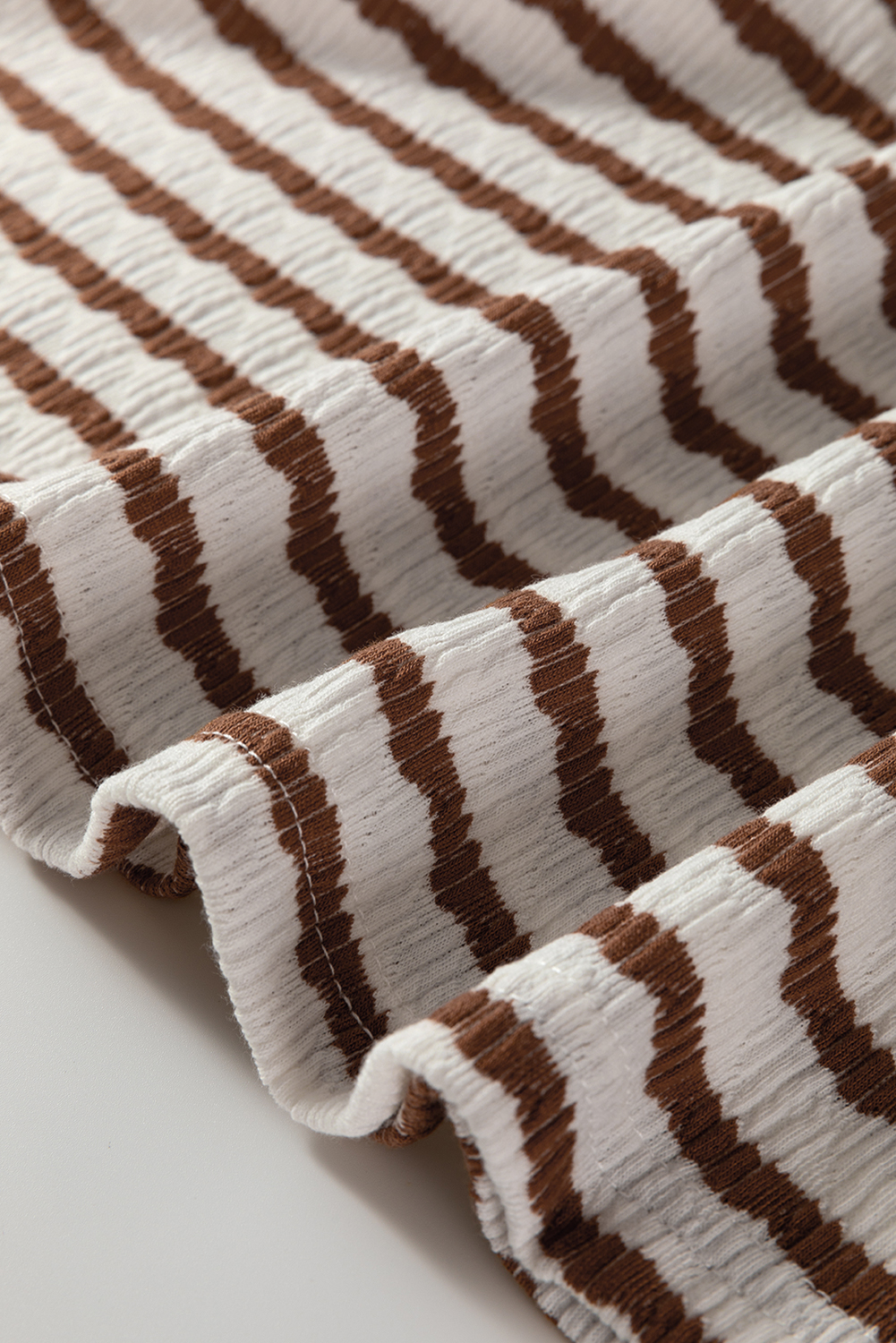 Khaki Stripe Textured Hooded V Neck Casual Long Sleeve Top - Image 6