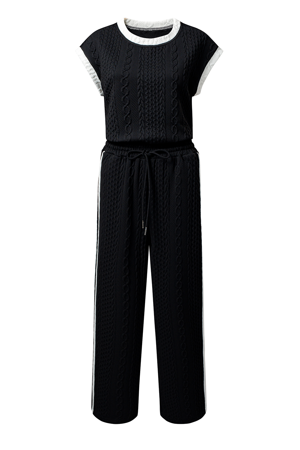 Black Cable Knit Contrast Trim Short Sleeve Top and Pants Set - Image 5