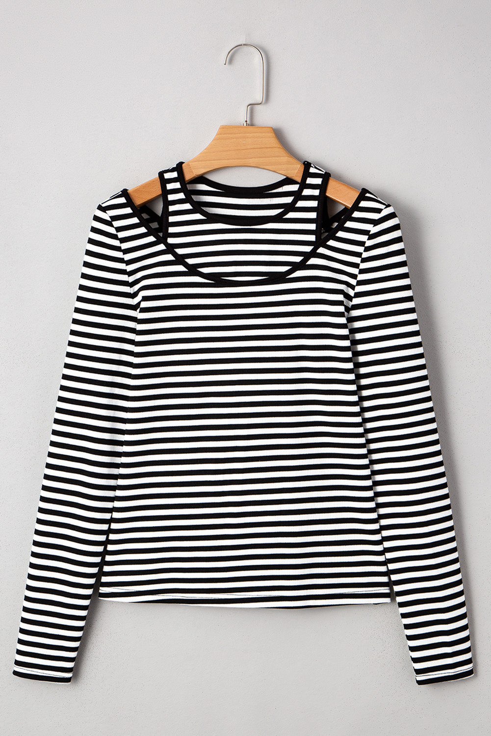 Black Stripe Double-layer Cold Shoulder Long Sleeve Top - Image 7