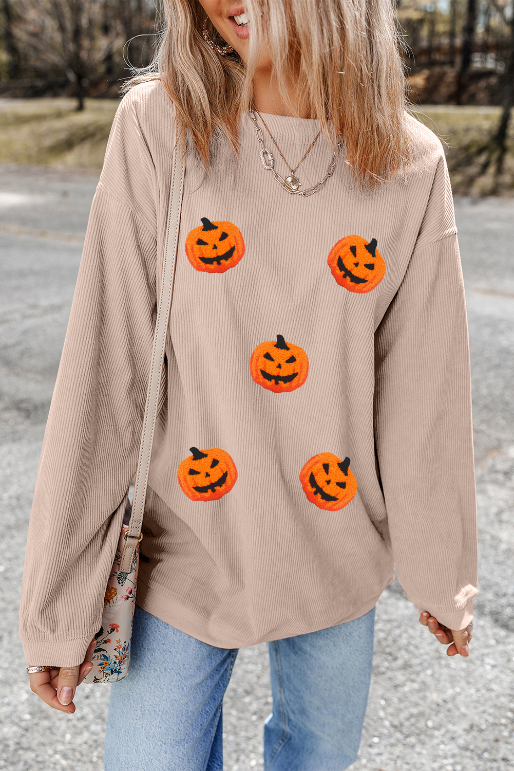 Apricot Twisted Rib Texture Chenille Halloween Pumpkin Patched Drop Shoulder Sweatshirt - Image 7