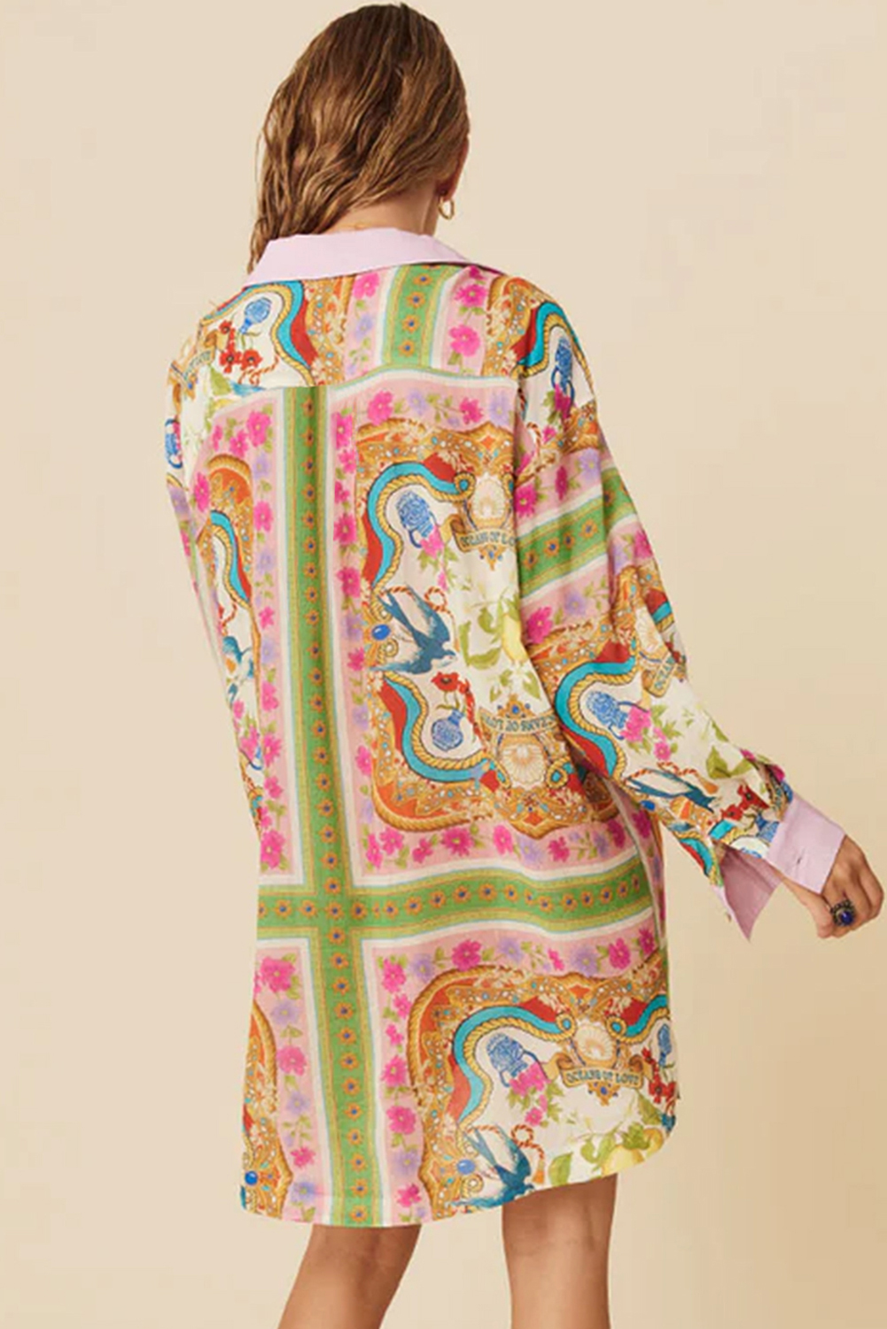Multicolour Boho Floral Print Buttoned Long Sleeve Shirt Dress - Image 2