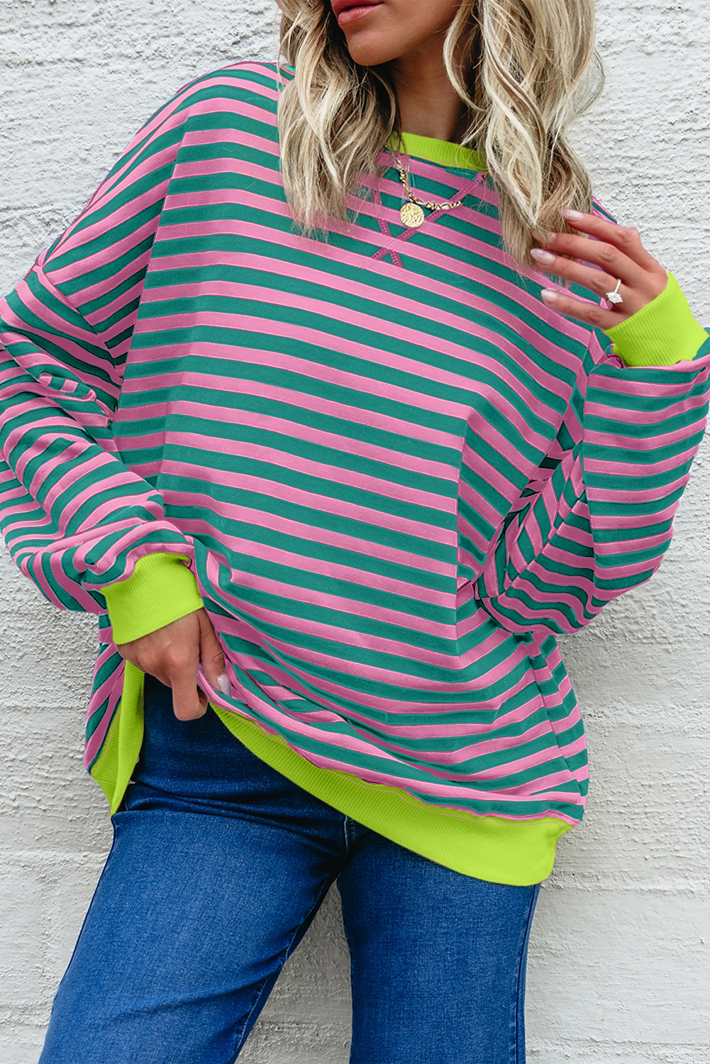 Rose Stripe Contrast Ribbed Trim Crossed Stitch Drop Shoulder Sweatshirt - Image 3