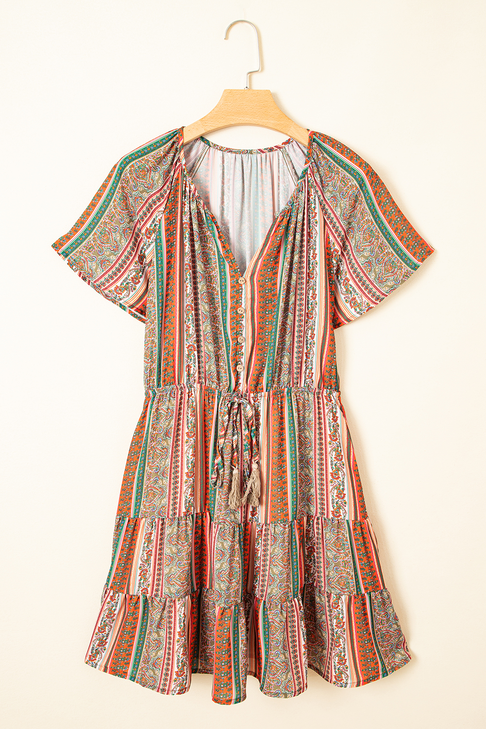 Red Bohemian Floral Print Buttoned V Neck Ruffle Tiered Dress - Image 8