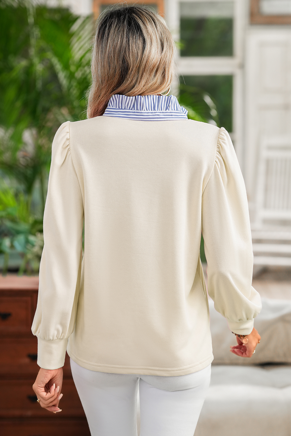 White Button Striped Collar Patchwork Puff Sleeve Sweatshirt - Image 2