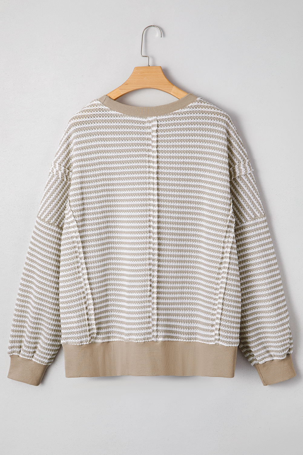 Brown Stripe Ribbed Trim Drop Shoulder Long Sleeve Oversize Top - Image 4