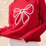 Fiery Red Bow Embroidered Graphic Ribbed Sweater Top