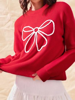 Fiery Red Bow Embroidered Graphic Ribbed Sweater Top