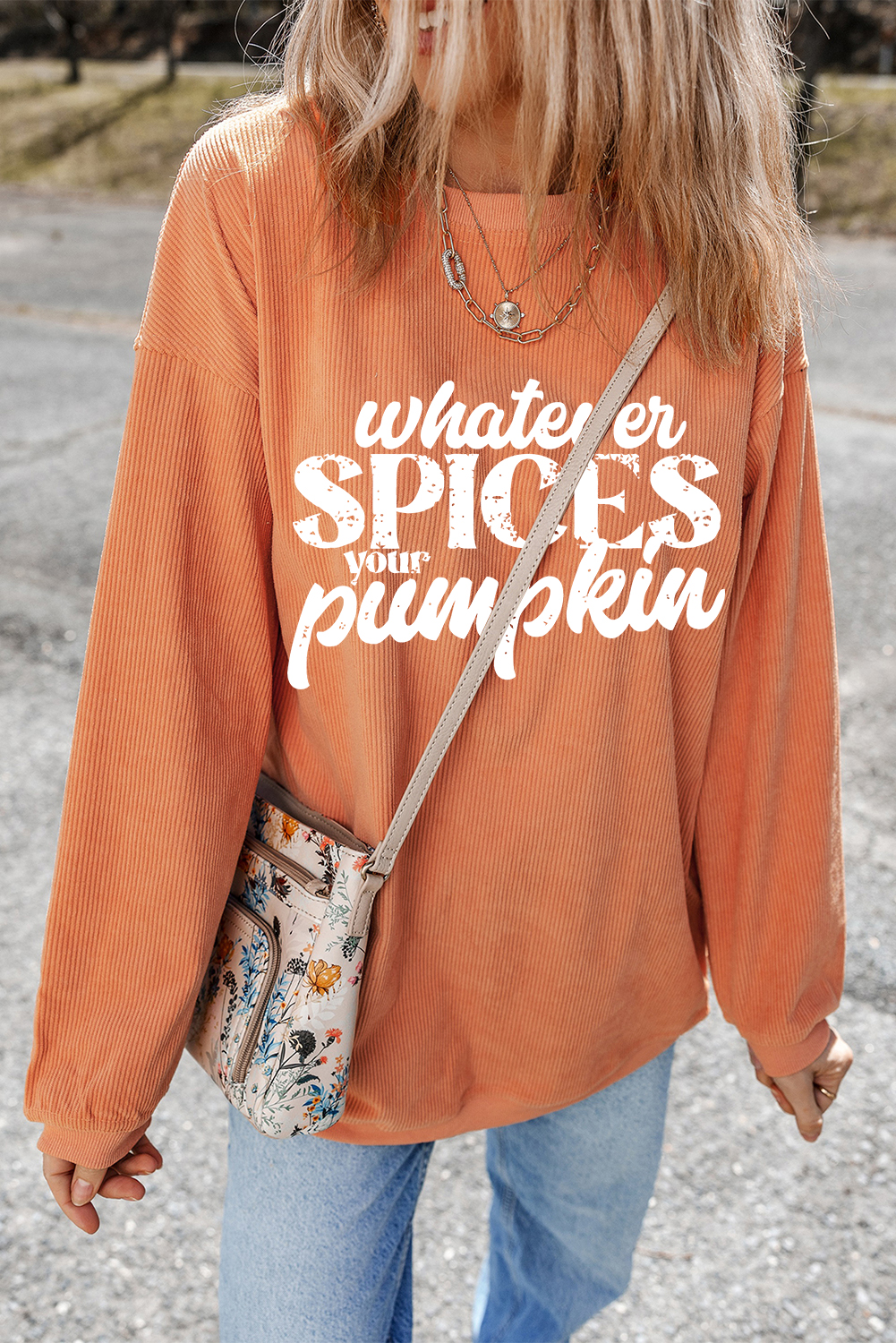 Orange Whatever Spices Your Pumpkin Graphic Corded Pullover Sweatshirt - Image 5