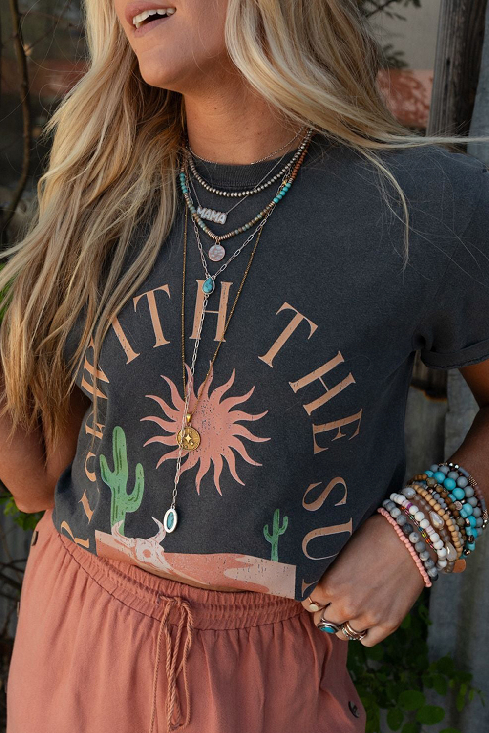 Dark Grey RISE WITH THE SUN Western Fashion Graphic Tee - Image 6