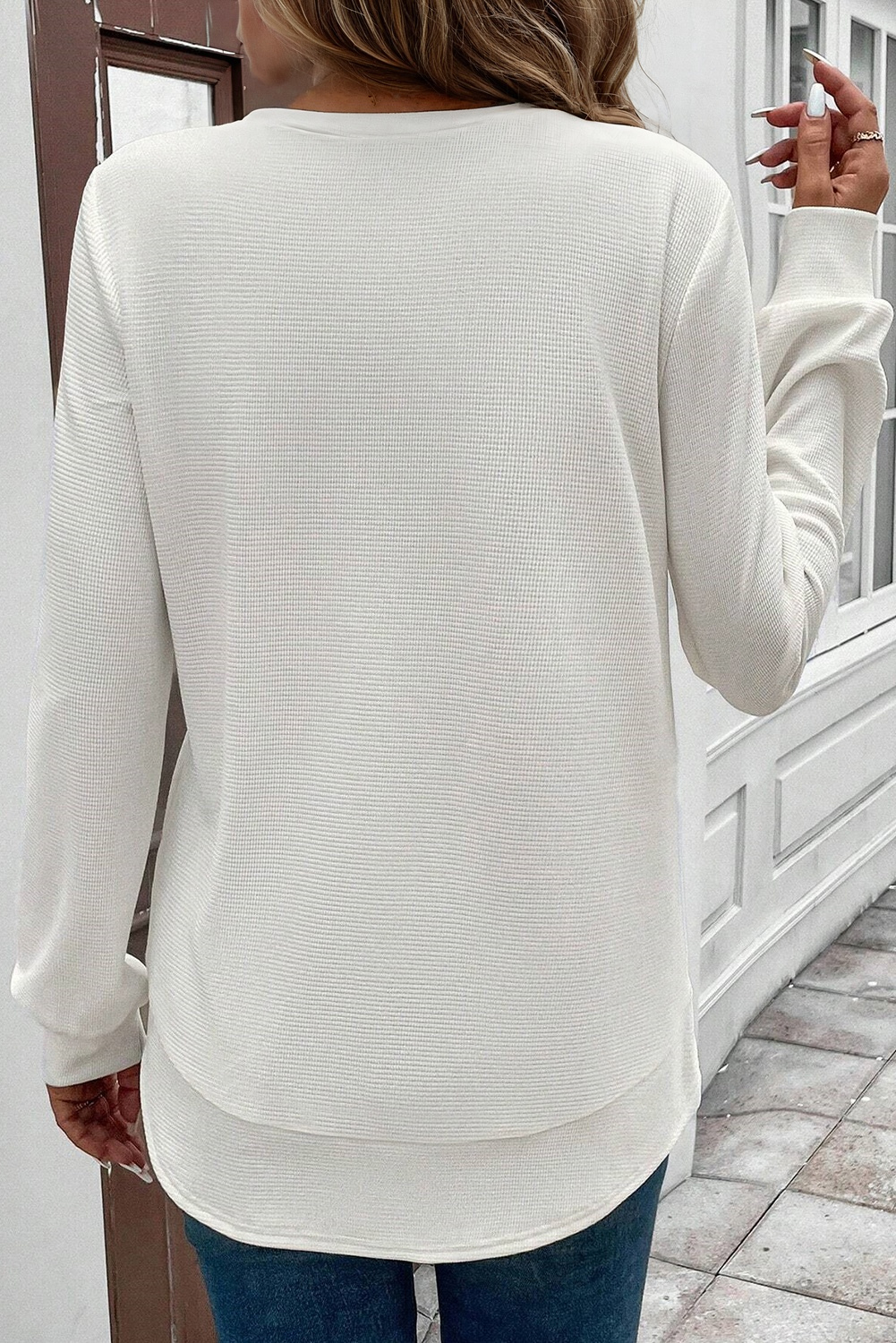 White Rounded Hem Waffle Long Sleeve Top - Image 2