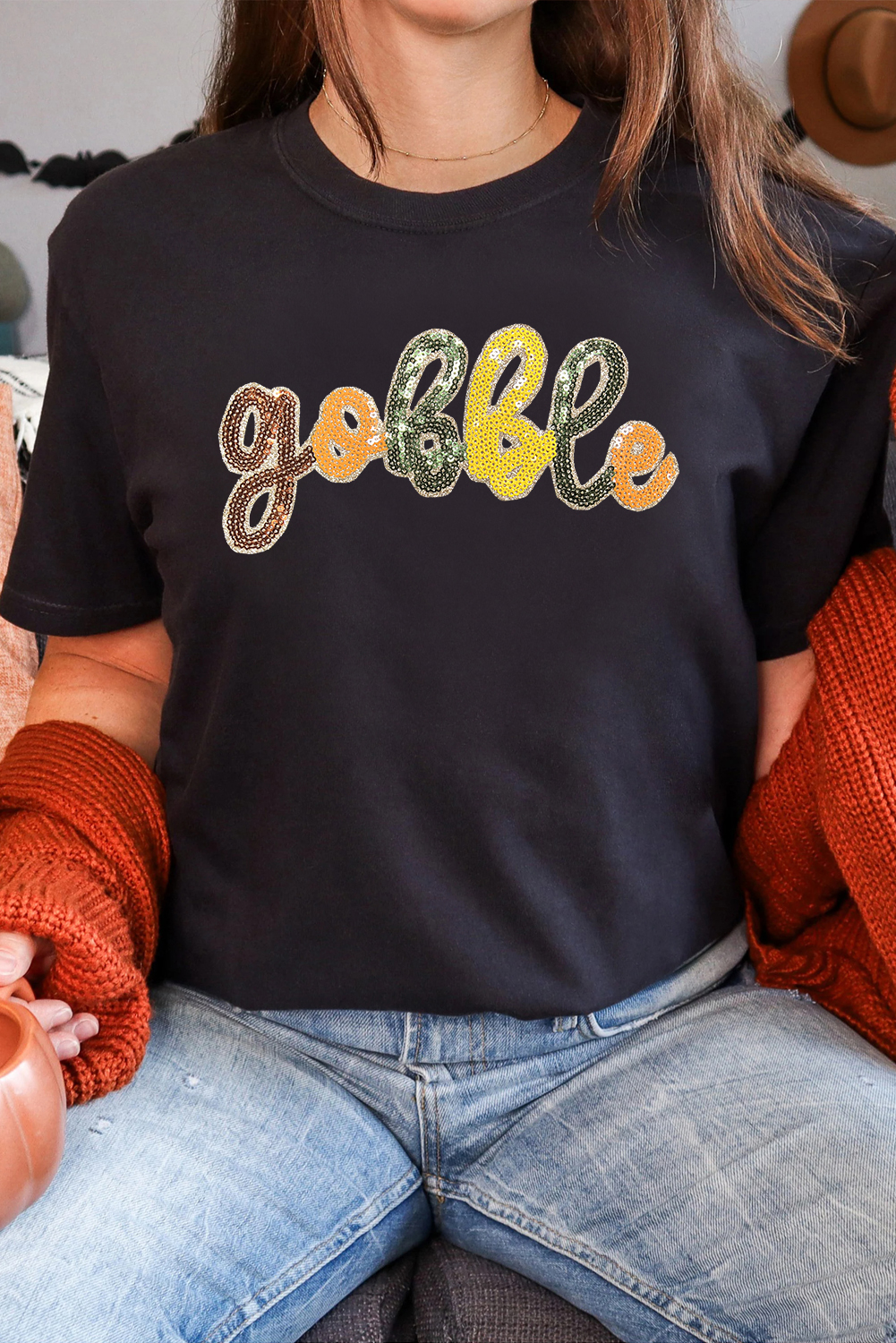 Black gobble Sequin Letter Graphic Thanksgiving T Shirt - Image 4