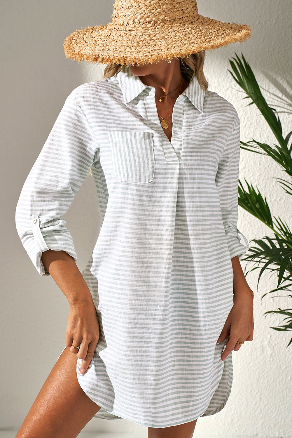 White Stripe Collared V Neck Chest Pocket Long Sleeve Beach Cover up - Image 6