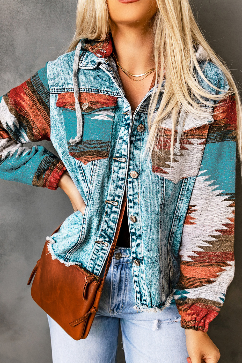 Multicolor Aztec Print Frayed Hem Denim Jacket - Image 5