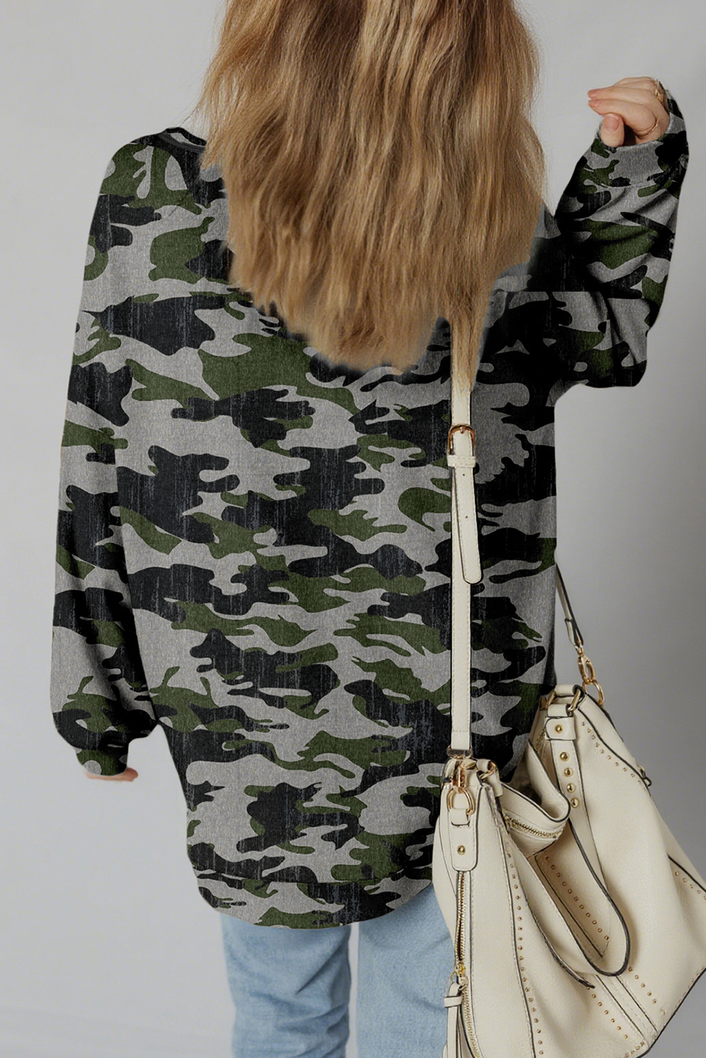 Green Retro Camouflage Print Exposed Seam Patchwork Drop Shoulder Sweatshirt - Image 2