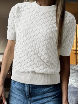 White Fish Scale Textured Knit Ribbed High Neck Short Sleeve Sweater