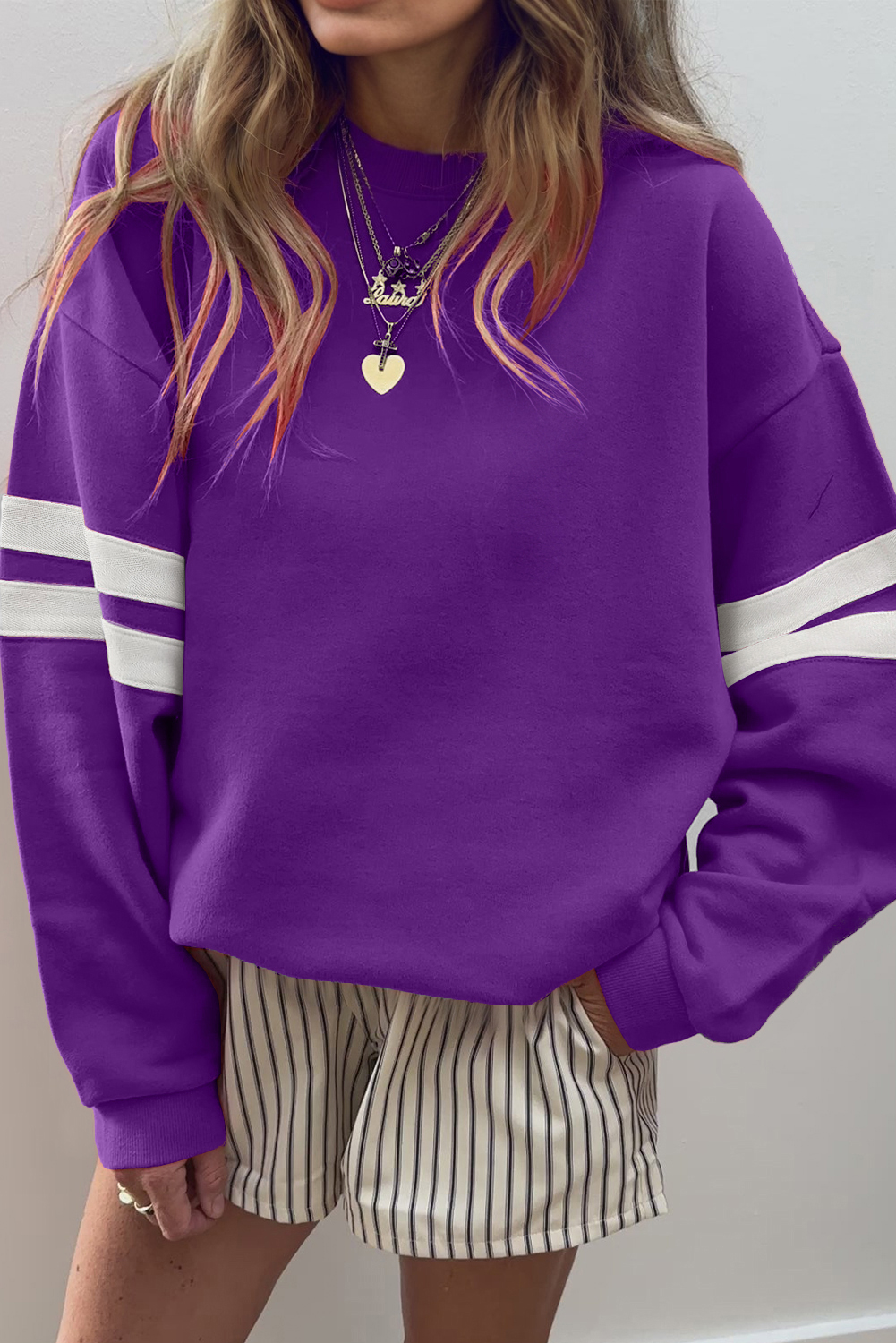 Tillandsia Purple Varsity Striped Detail Drop Shoulder Oversized Sweatshirt
